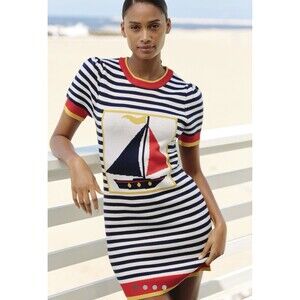 NWT Anthropologie Flat White Knit Crew Neck Mini Dress Sailboat Stripes Small